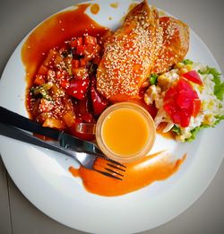 High angle view of breakfast served in plate