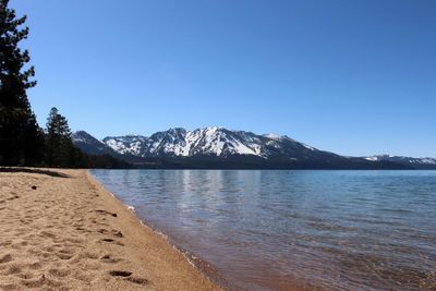 Scenic view of lake and mountains against clear blue sky