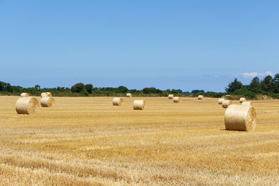 Hay bales on field against clear sky