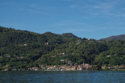 View of pella and monte san giulio, lago d'orta, piedmont, italy