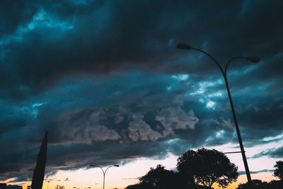 Low angle view of trees against cloudy sky