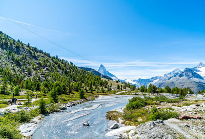 Scenic view of snowcapped mountains against blue sky