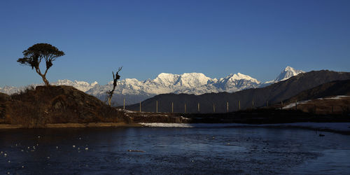 Scenic view of snowcapped mountains against clear blue sky