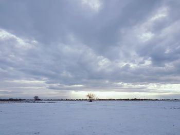 Scenic view of snow covered land against sky