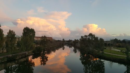 Scenic view of river against sky at sunset