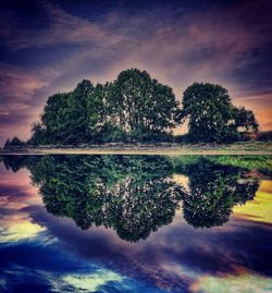 Reflection of trees in lake against sky