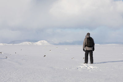 Rear view of man standing on snow covered land