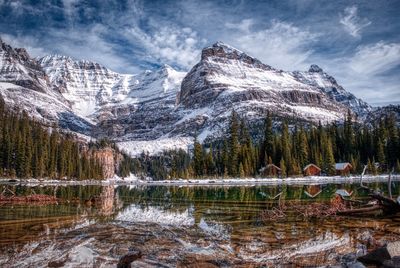 Scenic view of snowcapped mountains and lake against sky