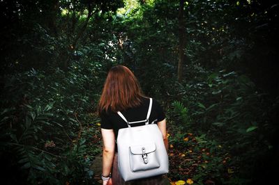 Rear view of woman standing against trees