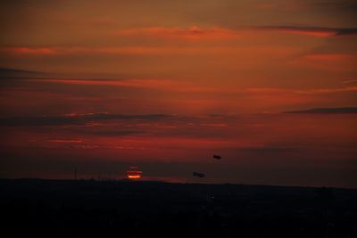 Silhouette bird flying against orange sky