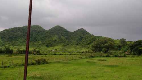 Scenic view of field and mountains against sky