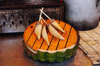 High angle view of orange slices on table