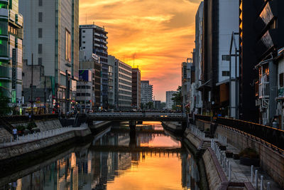 Bridge over river amidst buildings against sky during sunset