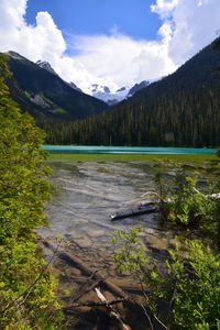 Scenic view of lake and mountains against sky