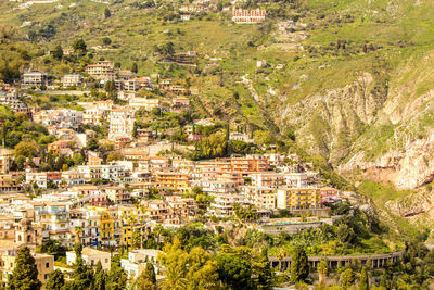 High angle view of buildings in town