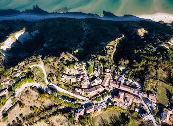 Italy, november 19, 2023 - aerial view of the small medieval village of fiorenzuola di focara