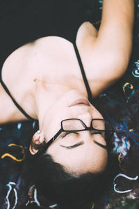 High angle view of woman relaxing at home