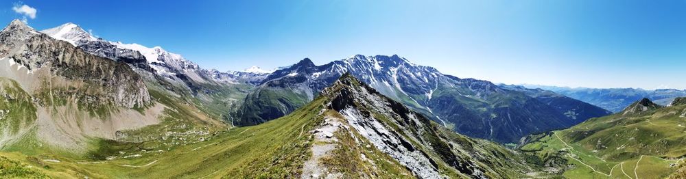 Panoramic view of snowcapped mountains against clear blue sky