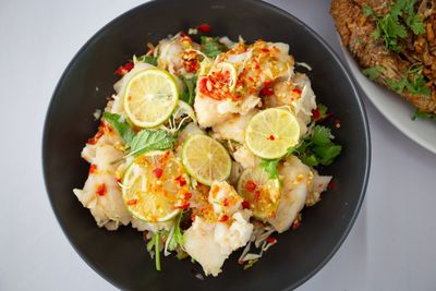 High angle view of food in plate on table