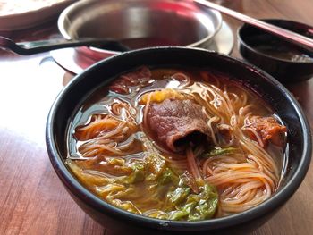 High angle view of soup in bowl on table