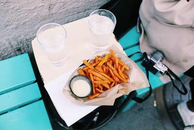 High angle view of food served on table