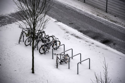 High angle view of snow covered field