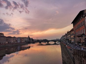 Bridge over river by buildings against sky during sunset