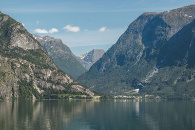 Scenic view of lake and mountains against sky