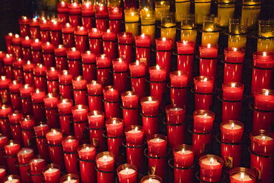 Full frame shot of illuminated candles in building