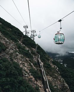Overhead cable cars by mountain against cloudy sky