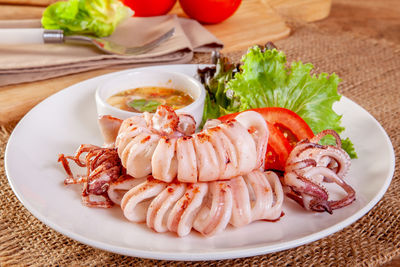 High angle view of meal served on table