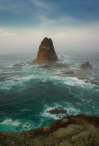 Scenic view of rocks in sea against sky