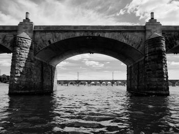 Bridge over river against cloudy sky