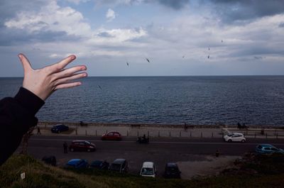 Person hand on sea shore against sky