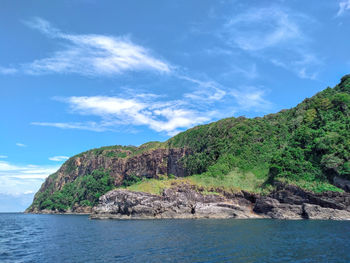 Scenic view of sea and mountains against sky