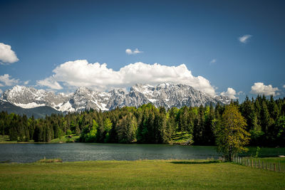 Scenic view of lake by trees against sky