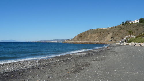 Scenic view of sea against clear blue sky