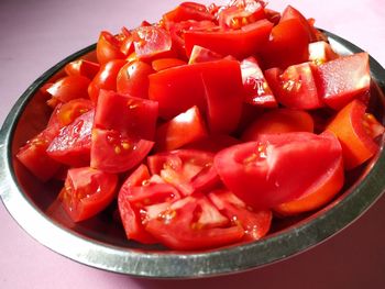 High angle view of chopped tomatoes in bowl