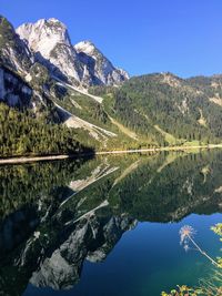 Scenic view of lake and mountains against sky