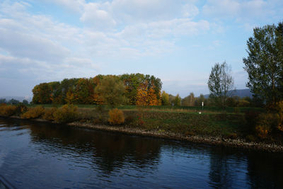 Autumn trees by danube river against cloudy sky