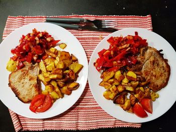 High angle view of meal served on table