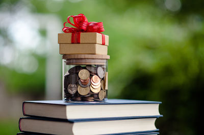 Close-up of books on table