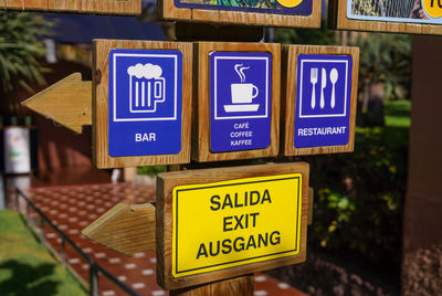 Close-up of various signboards