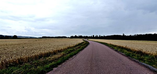 Empty road amidst agricultural field against sky