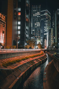 Illuminated buildings in city at night