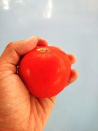 Close-up of hand holding strawberry