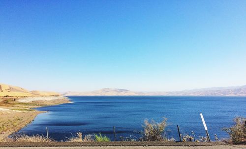 Scenic view of sea against clear blue sky