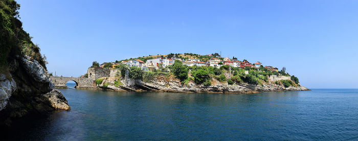 Scenic view of sea against clear blue sky