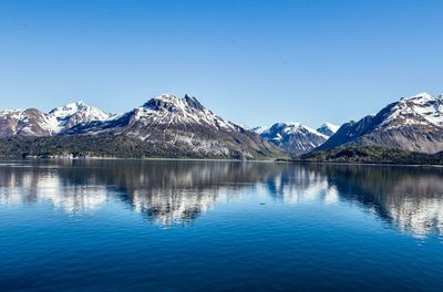 Scenic view of lake and snowcapped mountains against clear blue sky