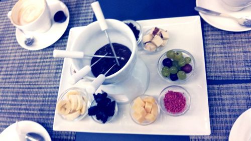 High angle view of breakfast on table